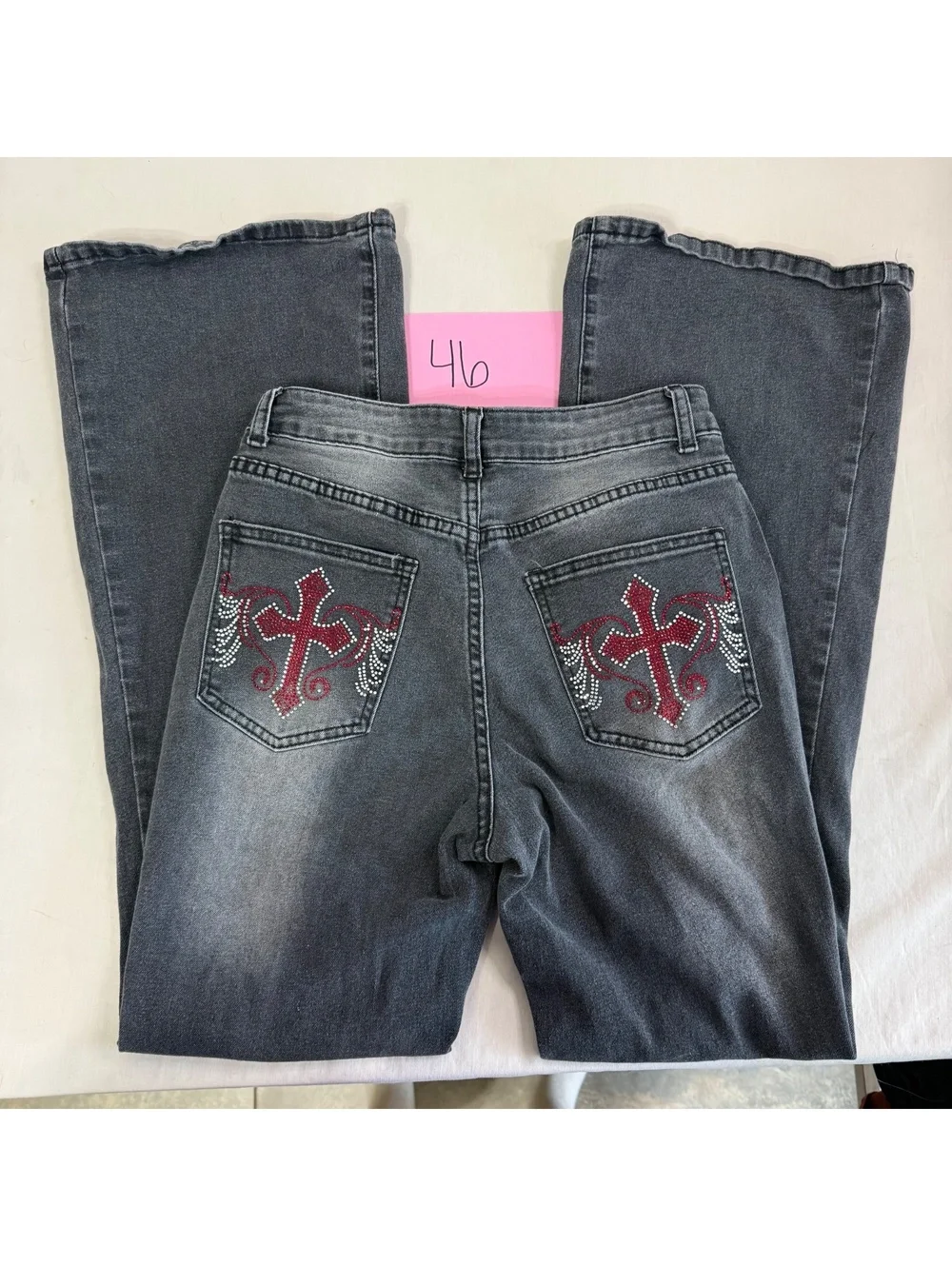 Romwe Medium Gray Embroidered Bootcut Jeans with Rhinestone Detail